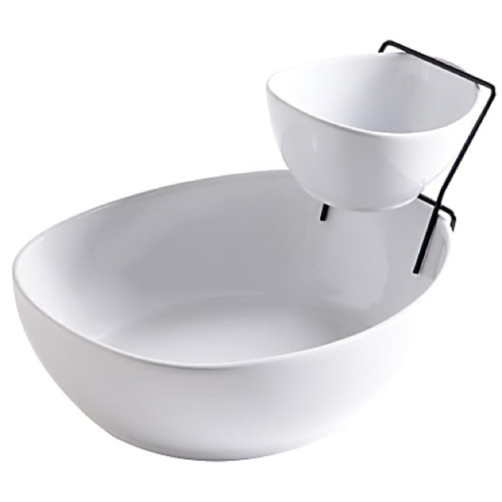 Benevolence 2-Tier Chip & Dip Server Set White Ceramic Stoneware, Metal Rack NIB